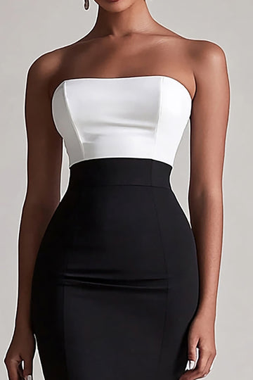 Black and White Strapless Bodycon Midi Formal Dress